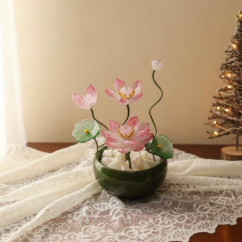 Glas Lotus Blumenverzierung Mini Rosa Blüten Skulptur Zen Akzent Briefbeschwerer Schreibtisch Dekor