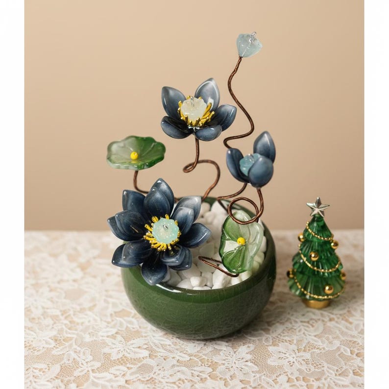 Glas Lotus Blumenverzierung Mini Rosa Blüten Skulptur Zen Akzent Briefbeschwerer Schreibtisch Dekor