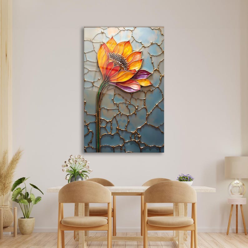 Florale Wandkunst aus gehärtetem Glas, modernes botanisches Dekor