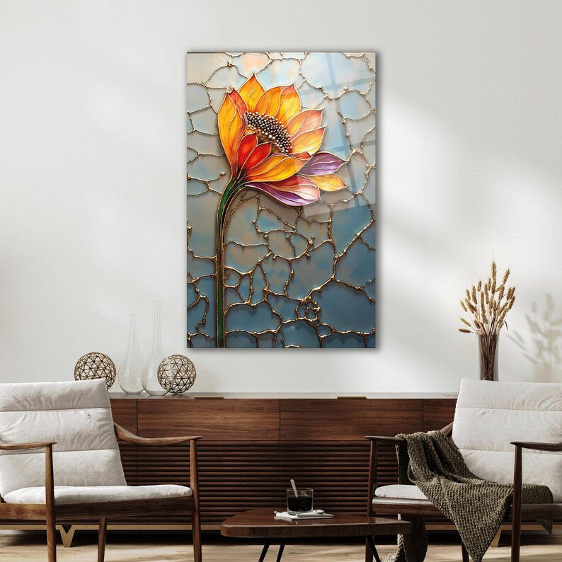 Florale Wandkunst aus gehärtetem Glas, modernes botanisches Dekor