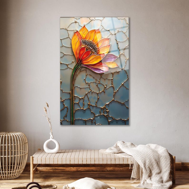Florale Wandkunst aus gehärtetem Glas, modernes botanisches Dekor