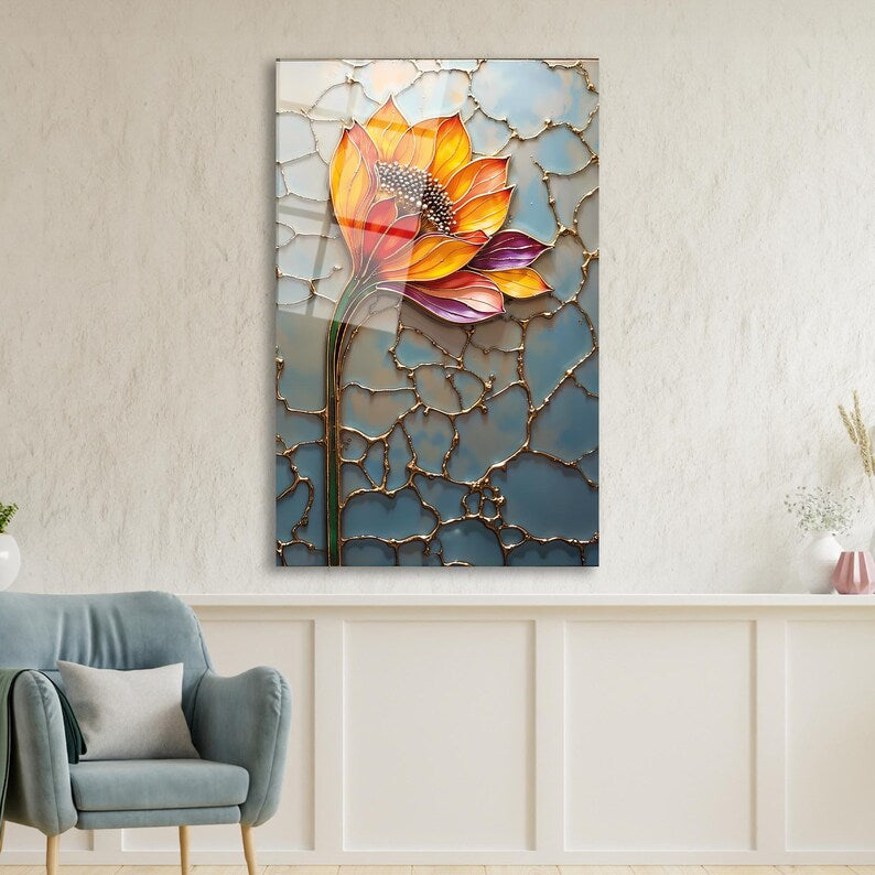 Florale Wandkunst aus gehärtetem Glas, modernes botanisches Dekor