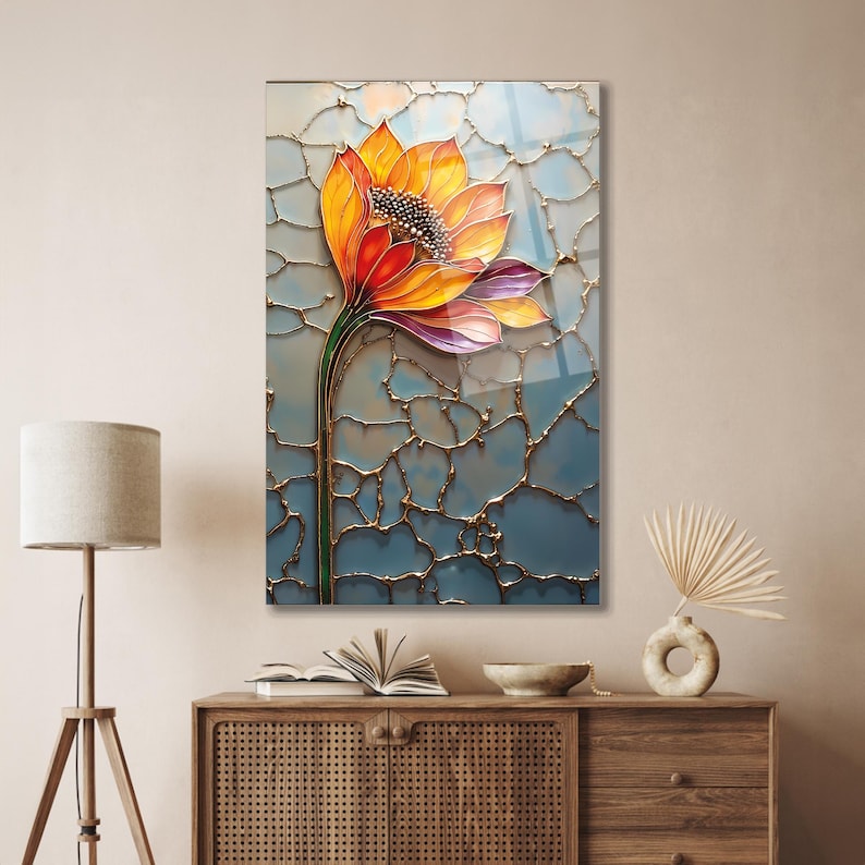 Florale Wandkunst aus gehärtetem Glas, modernes botanisches Dekor