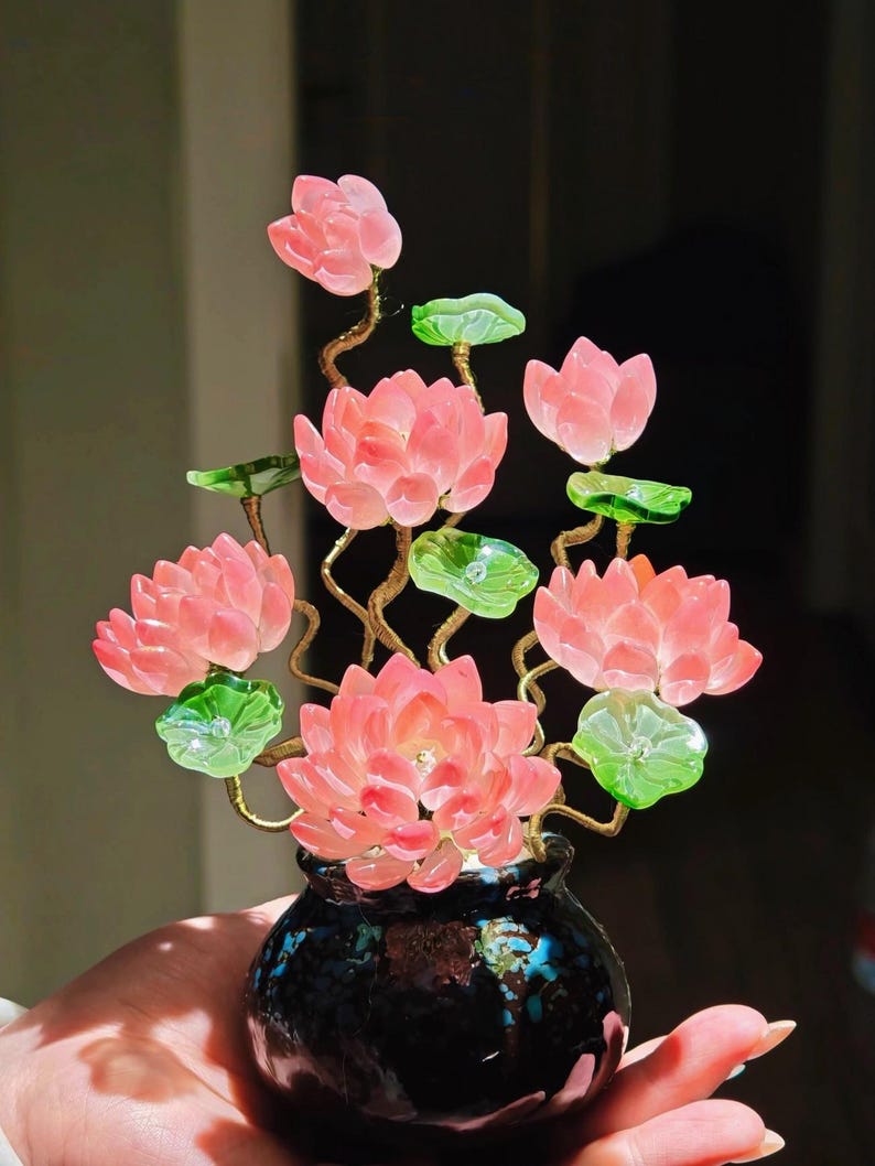 Blaue Lotusstil Glasblume mit Topf, Kunstglas Blumenskulptur, 20 cm Hoch