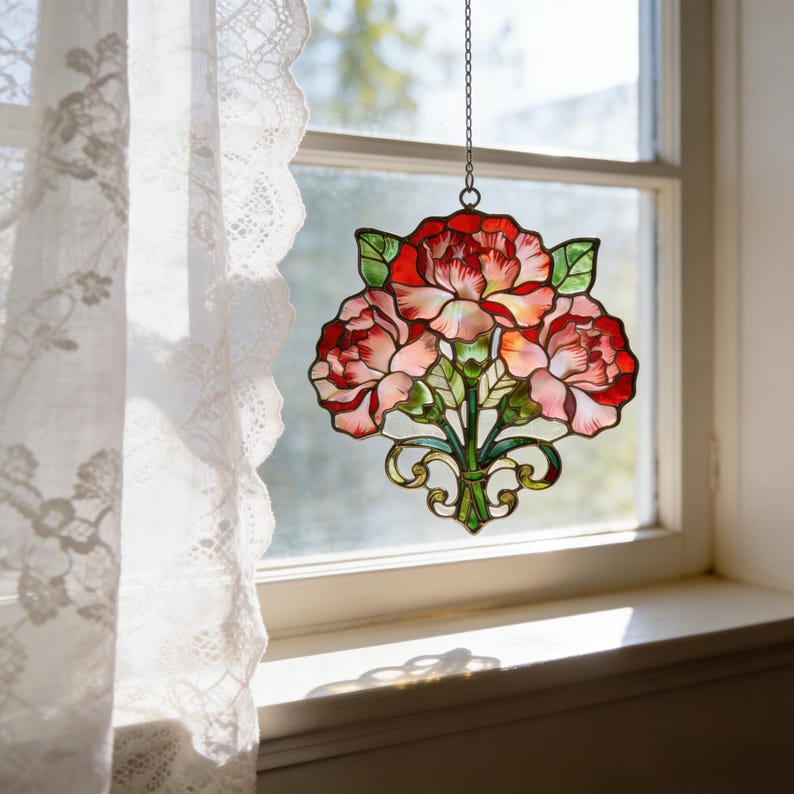 Nelken-Sonnenfänger aus Buntglas, floraler Fensterhänger, handgefertigt, 15 cm