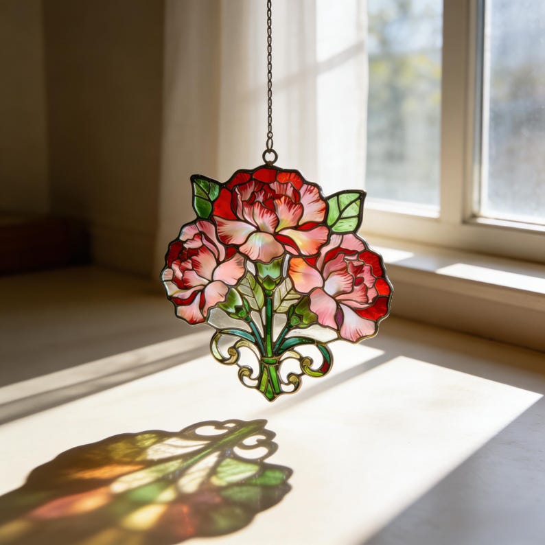 Nelken-Sonnenfänger aus Buntglas, floraler Fensterhänger, handgefertigt, 15 cm