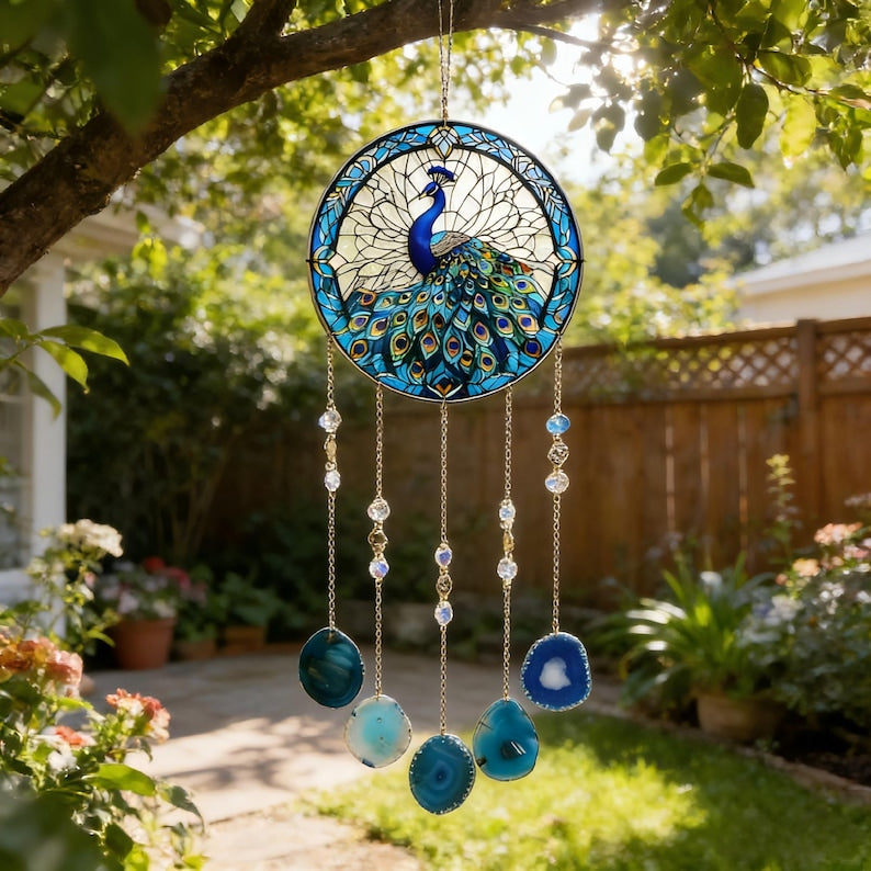 Acryl-Pfauen-Sonnenfänger aus Buntglas, Gartenwindspiel