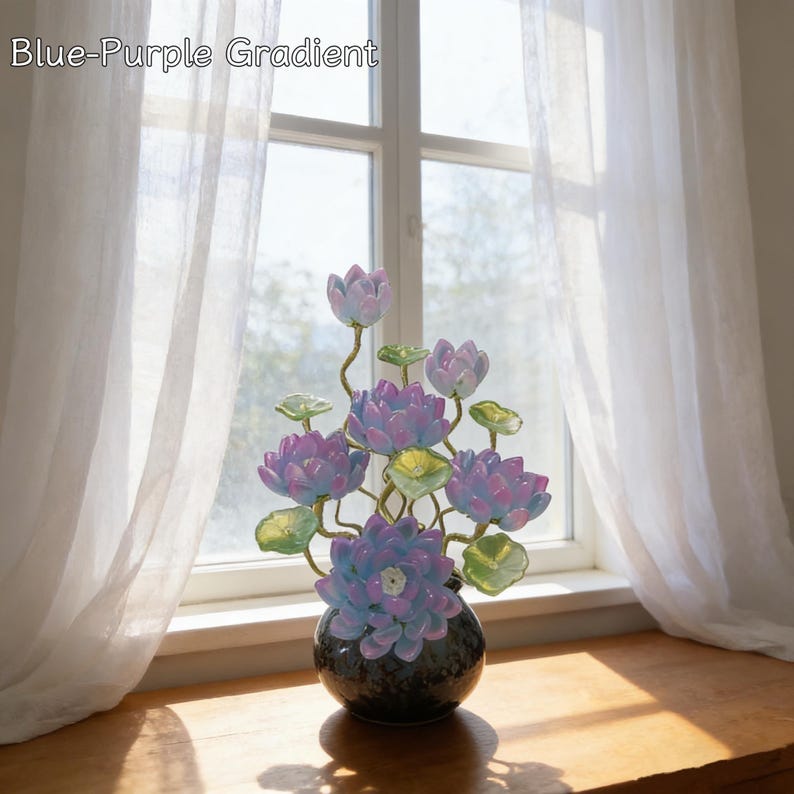 Blaue Lotusstil Glasblume mit Topf, Kunstglas Blumenskulptur, 20 cm Hoch