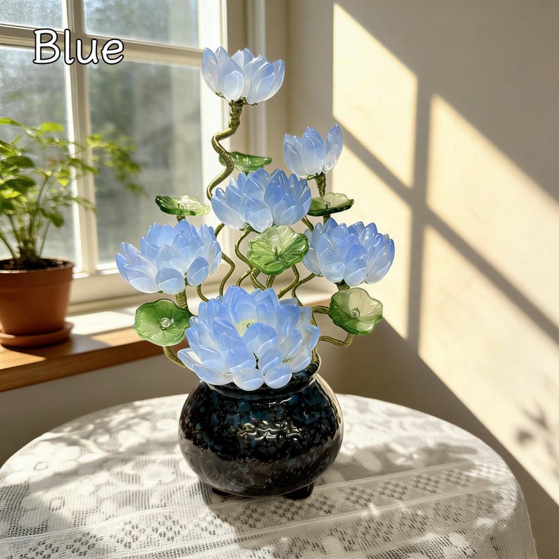 Blaue Lotusstil Glasblume mit Topf, Kunstglas Blumenskulptur, 20 cm Hoch