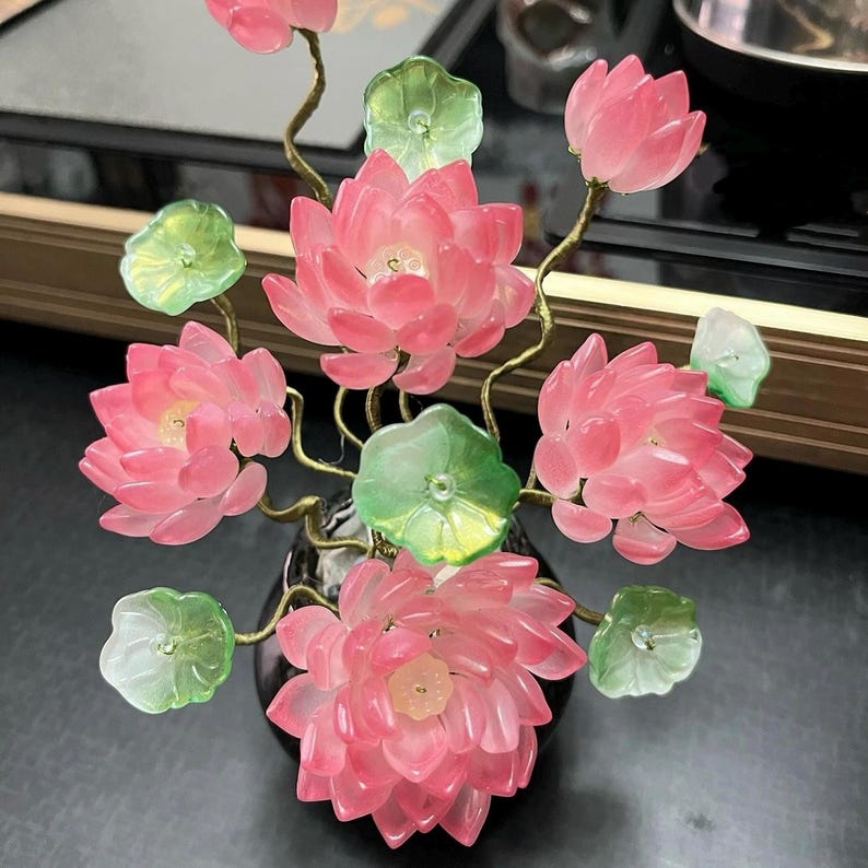 Blaue Lotusstil Glasblume mit Topf, Kunstglas Blumenskulptur, 20 cm Hoch