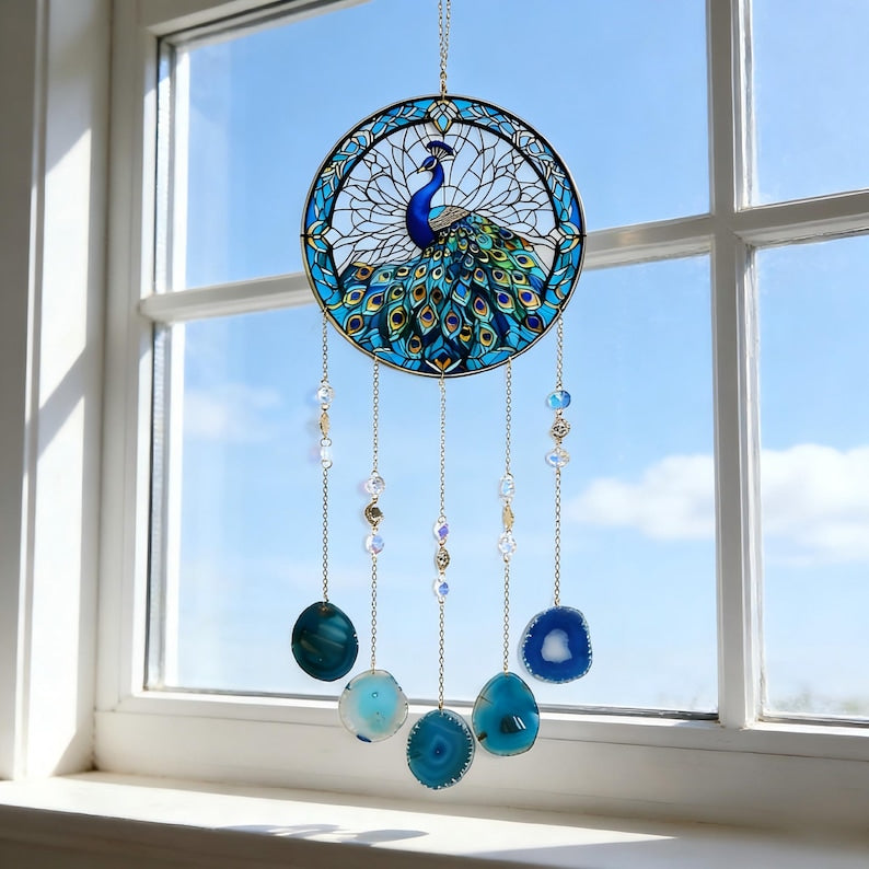 Acryl-Pfauen-Sonnenfänger aus Buntglas, Gartenwindspiel