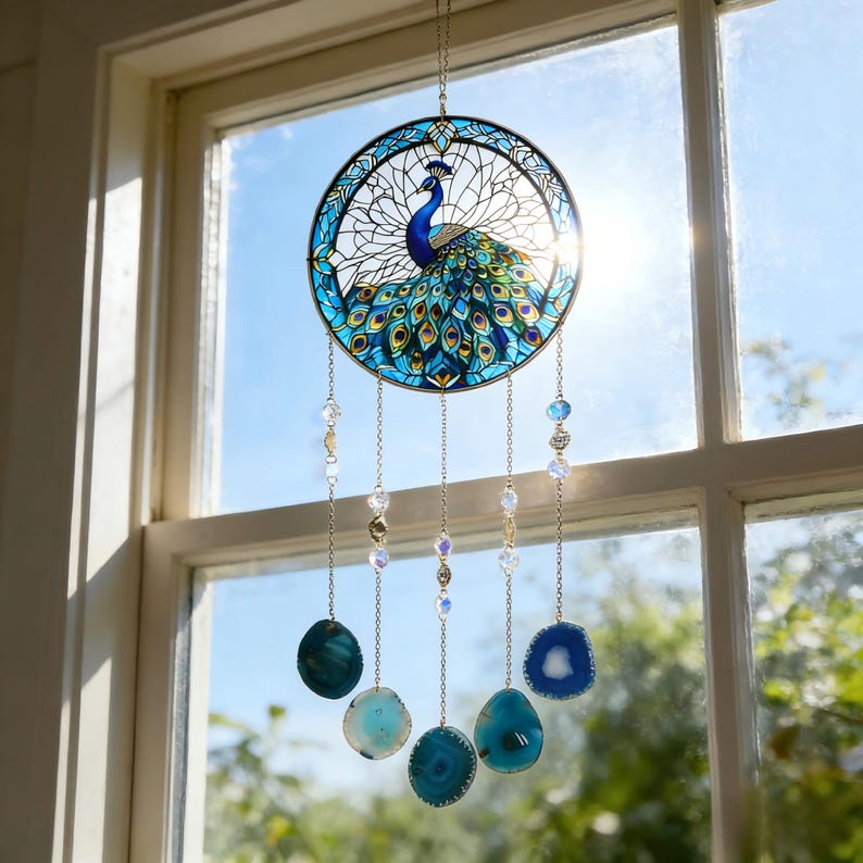 Acryl-Pfauen-Sonnenfänger aus Buntglas, Gartenwindspiel