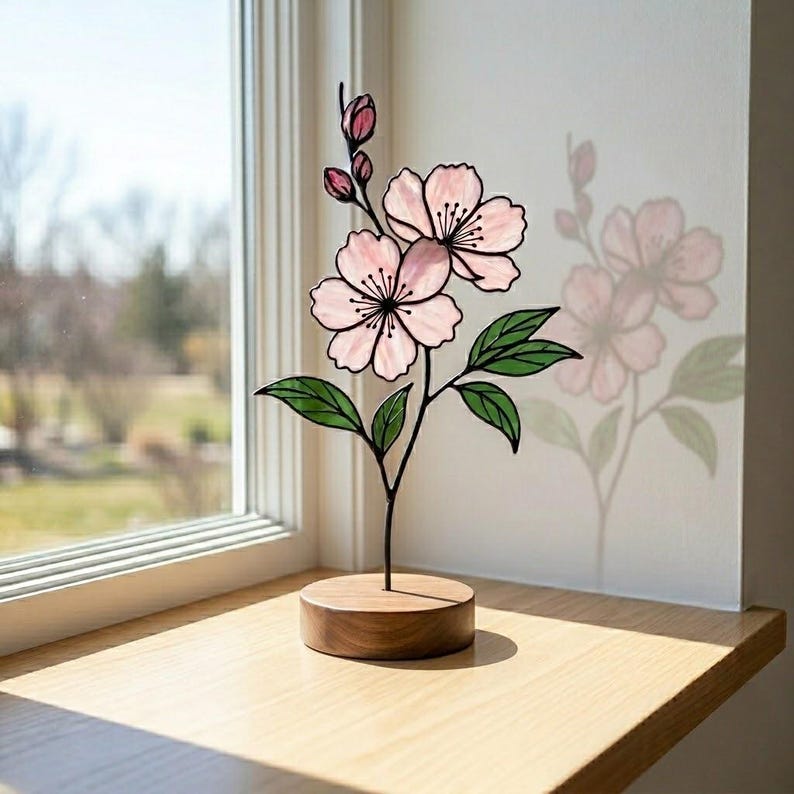 Freistehende Glasmalerei Kirschblüte Sakura Tischdekoration Rosa Buntglas Blume mit Holzsockel