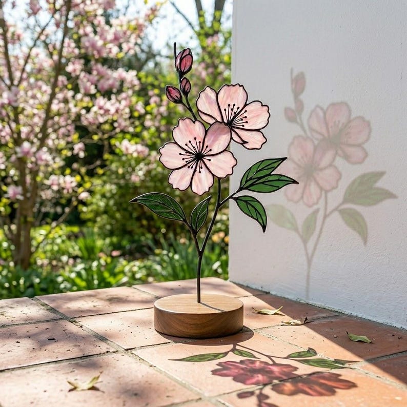 Freistehende Glasmalerei Kirschblüte Sakura Tischdekoration Rosa Buntglas Blume mit Holzsockel