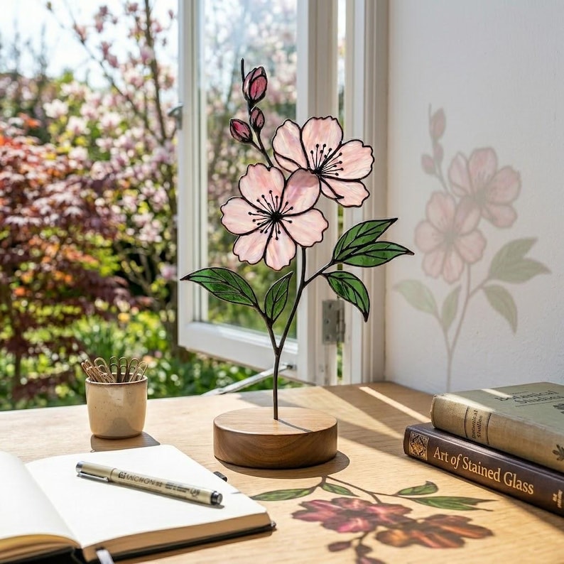 Freistehende Glasmalerei Kirschblüte Sakura Tischdekoration Rosa Buntglas Blume mit Holzsockel