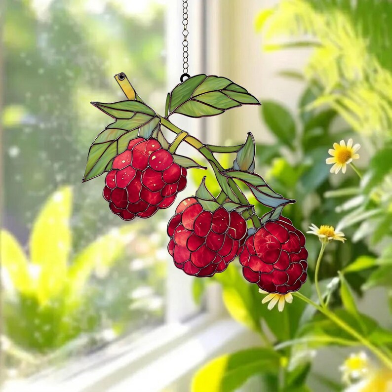 Acryl Suncatcher Himbeere Fensterdeko natur Küchen Dekor Obst Geschenk