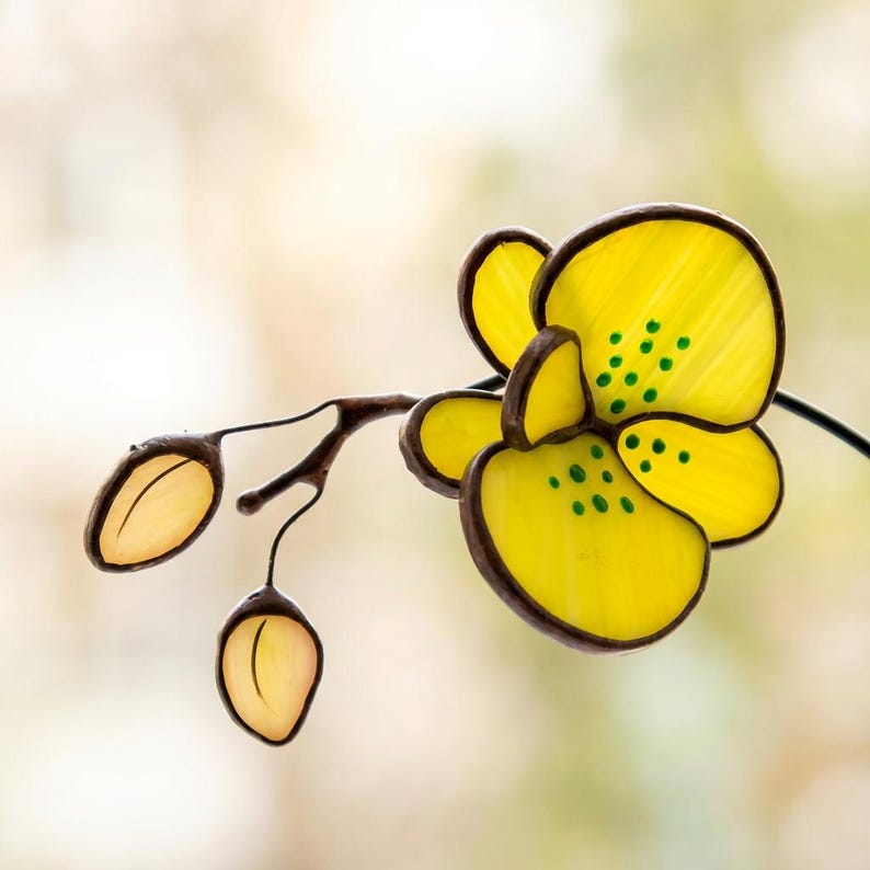 Glasmalerei-Gelb Orchidee Tischdekoration, 26 cm Höhe, heller Akzent