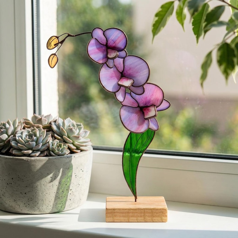3D Glas Orchidee Tischplatte Dekor, Buntglas Floral Home Akzent, 26 cm