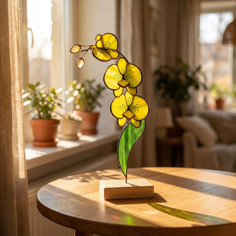 Glasmalerei-Gelb Orchidee Tischdekoration, 26 cm Höhe, heller Akzent
