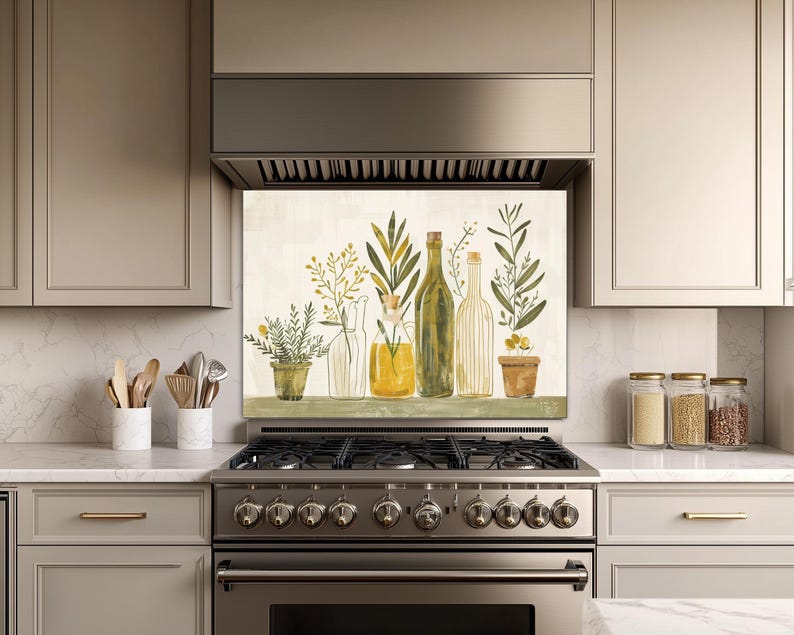 Olivenöl Kräuterglas Backsplash, Bauernhaus Küchenherd Splashback Wandkunst