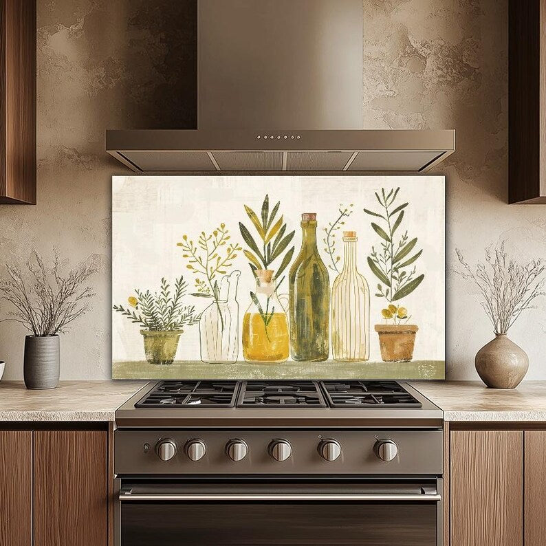 Olivenöl Kräuterglas Backsplash, Bauernhaus Küchenherd Splashback Wandkunst