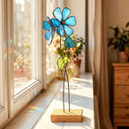 Blaue Vergissmeinnicht Glasblume Tischdekoration Eichensockel Tiffany Handwerk