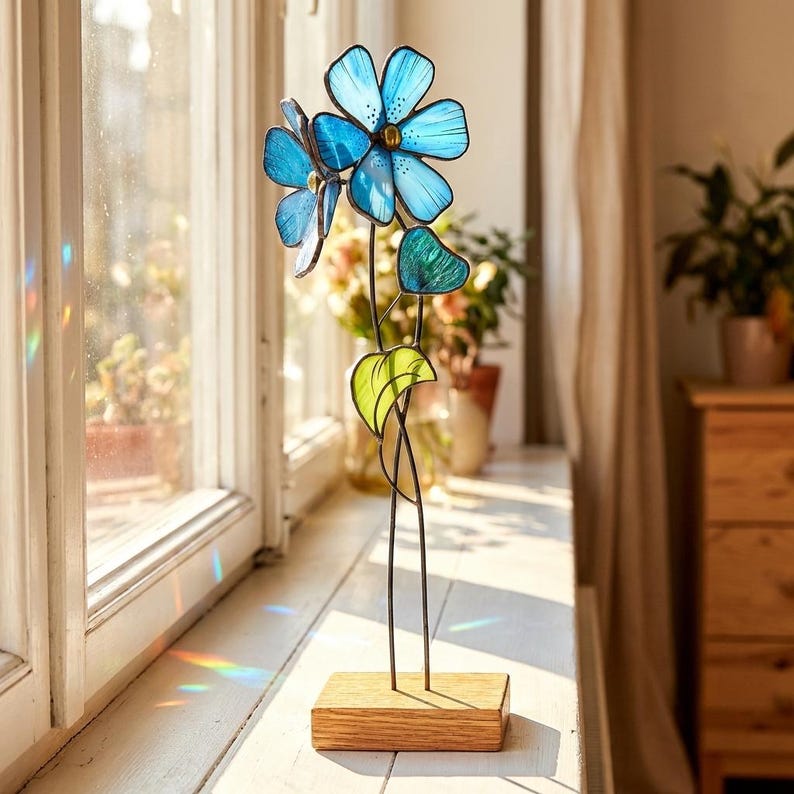Blaue Vergissmeinnicht Glasblume Tischdekoration Eichensockel Tiffany Handwerk