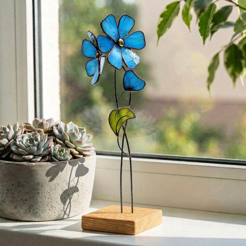 Blaue Vergissmeinnicht Glasblume Tischdekoration Eichensockel Tiffany Handwerk