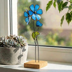 Blaue Vergissmeinnicht Glasblume Tischdekoration Eichensockel Tiffany Handwerk