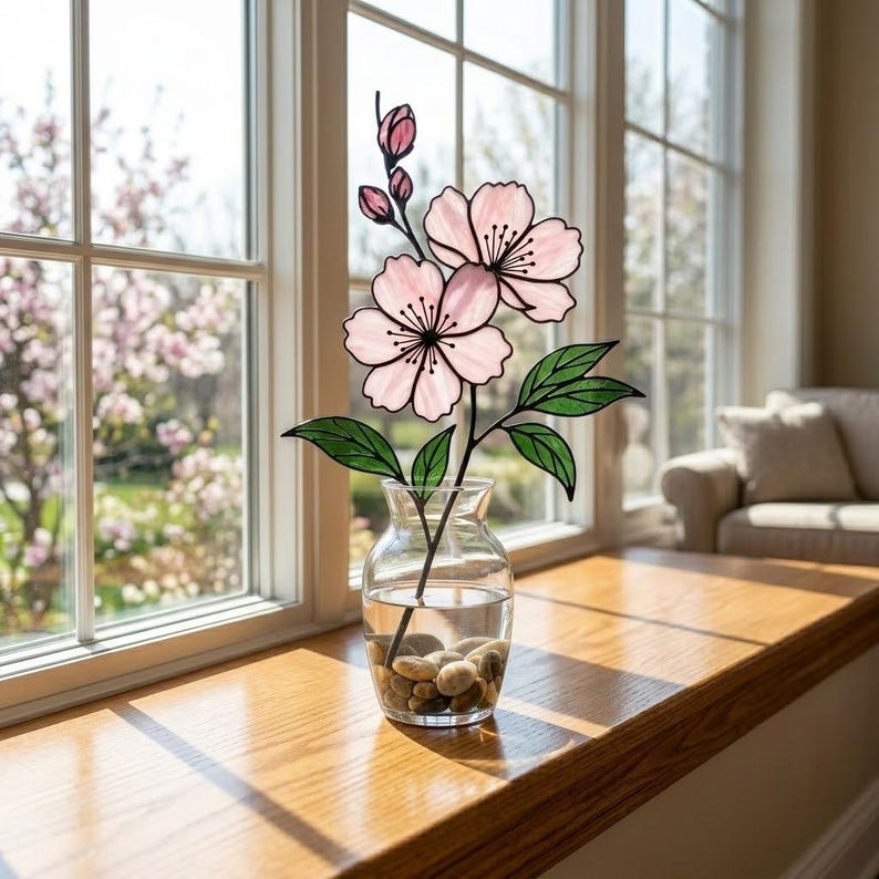 Freistehende Glasmalerei Kirschblüte Sakura Tischdekoration Rosa Buntglas Blume mit Holzsockel
