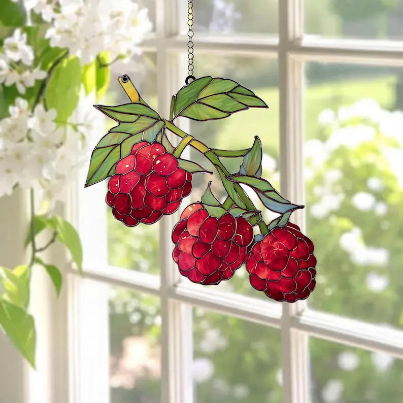 Acryl Suncatcher Himbeere Fensterdeko natur Küchen Dekor Obst Geschenk