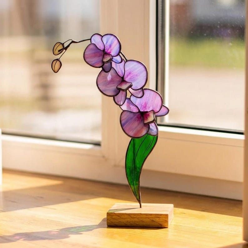 3D Glas Orchidee Tischplatte Dekor, Buntglas Floral Home Akzent, 26 cm