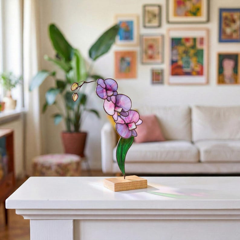 3D Glas Orchidee Tischplatte Dekor, Buntglas Floral Home Akzent, 26 cm