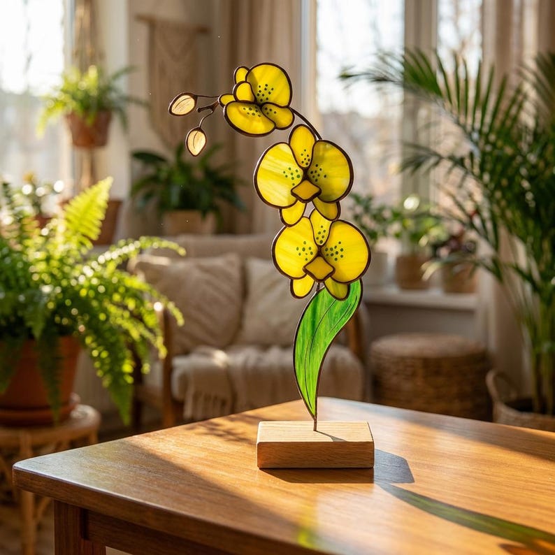Glasmalerei-Gelb Orchidee Tischdekoration, 26 cm Höhe, heller Akzent