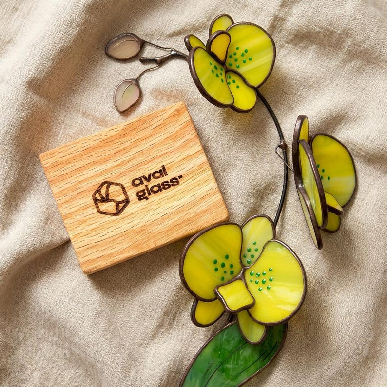 Glasmalerei-Gelb Orchidee Tischdekoration, 26 cm Höhe, heller Akzent