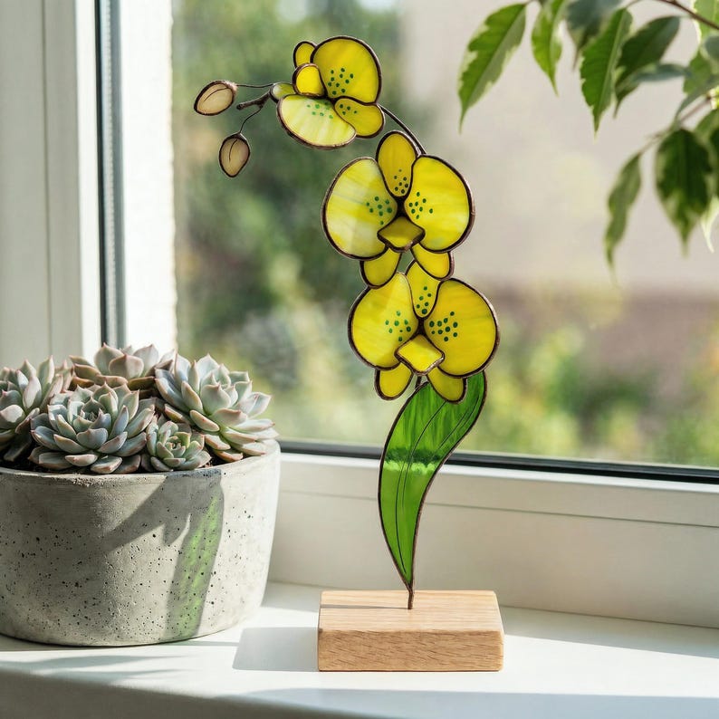 Glasmalerei-Gelb Orchidee Tischdekoration, 26 cm Höhe, heller Akzent