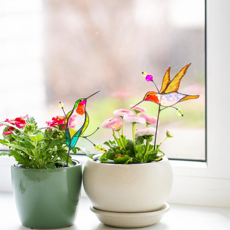 Glas Kolibri Pflanzenstecker Set – Handgefertigte Blumen-Dekoration für Zimmerpflanzen