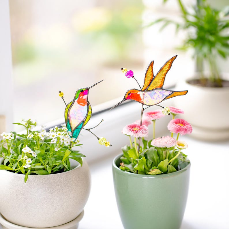 Glas Kolibri Pflanzenstecker Set – Handgefertigte Blumen-Dekoration für Zimmerpflanzen