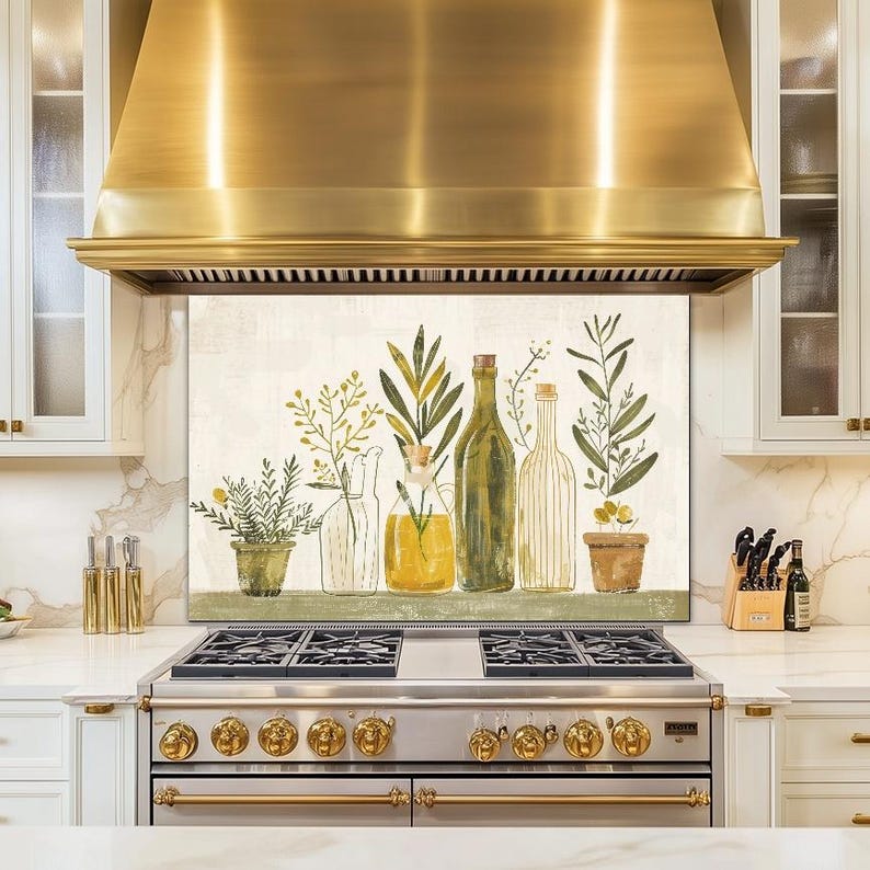 Olivenöl Kräuterglas Backsplash, Bauernhaus Küchenherd Splashback Wandkunst
