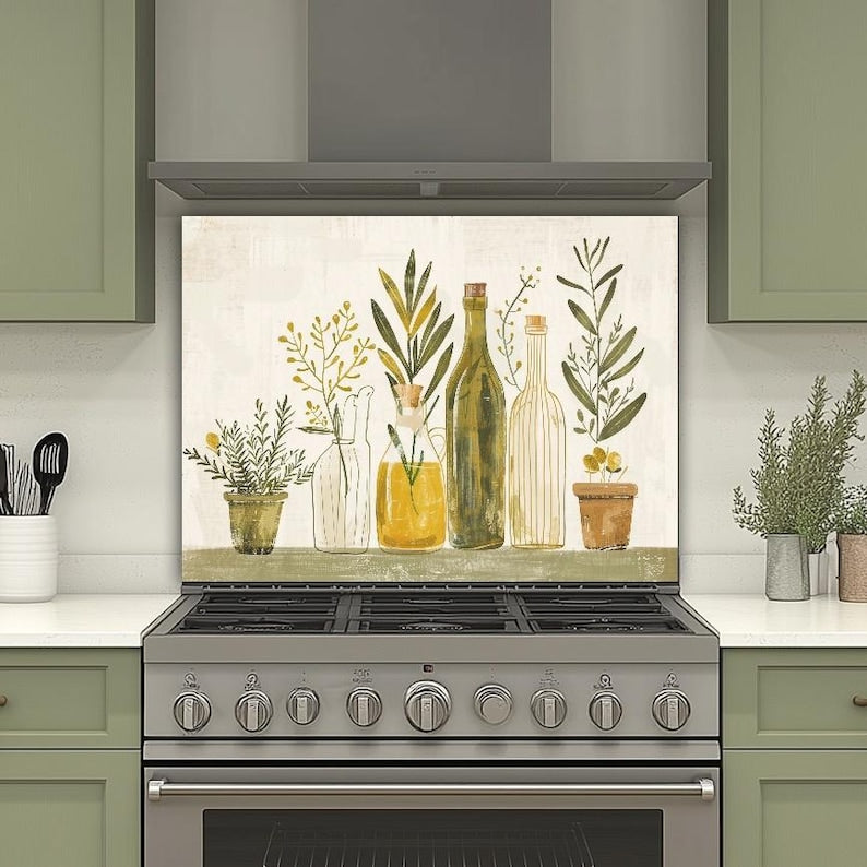 Olivenöl Kräuterglas Backsplash, Bauernhaus Küchenherd Splashback Wandkunst