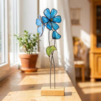 Blaue Vergissmeinnicht Glasblume Tischdekoration Eichensockel Tiffany Handwerk