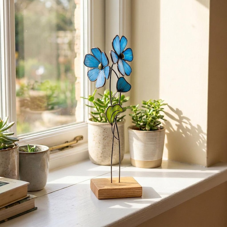 Blaue Vergissmeinnicht Glasblume Tischdekoration Eichensockel Tiffany Handwerk