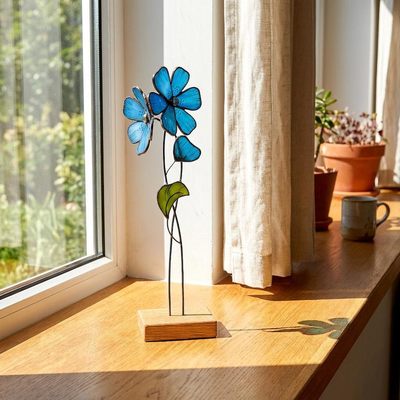Blaue Vergissmeinnicht Glasblume Tischdekoration Eichensockel Tiffany Handwerk