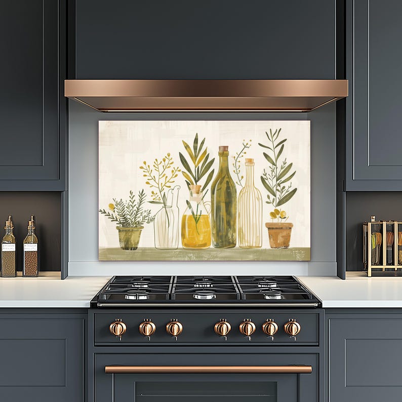 Olivenöl Kräuterglas Backsplash, Bauernhaus Küchenherd Splashback Wandkunst
