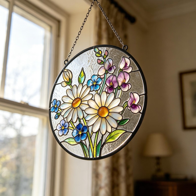 Handgemachter Gänseblümchen Glasmalerei Suncatcher, irisierender Blumen Fensterbehang