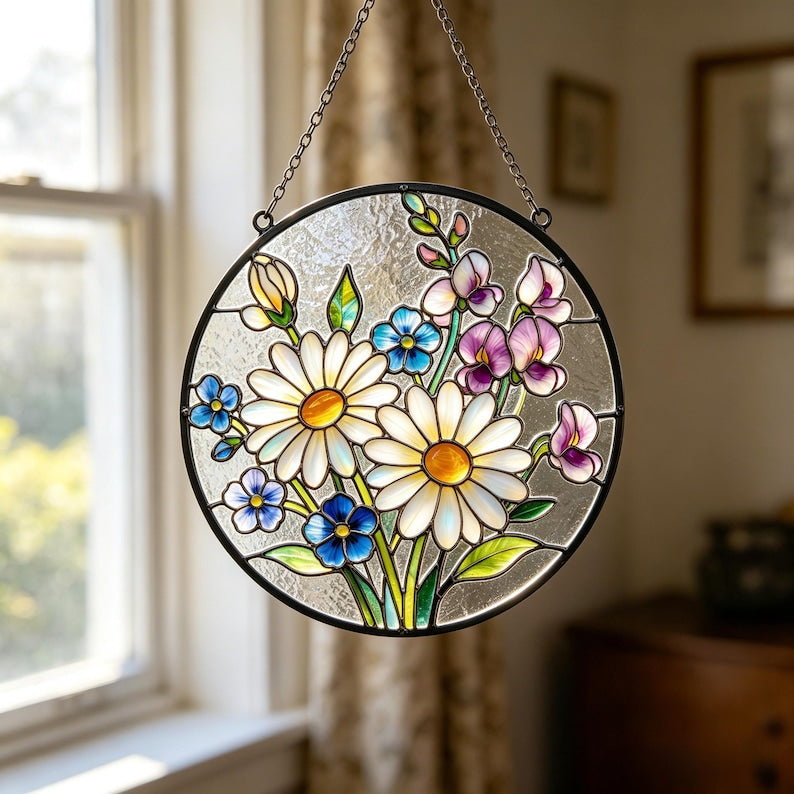Handgemachter Gänseblümchen Glasmalerei Suncatcher, irisierender Blumen Fensterbehang