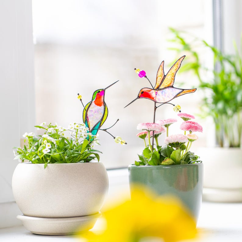 Glas Kolibri Pflanzenstecker Set – Handgefertigte Blumen-Dekoration für Zimmerpflanzen