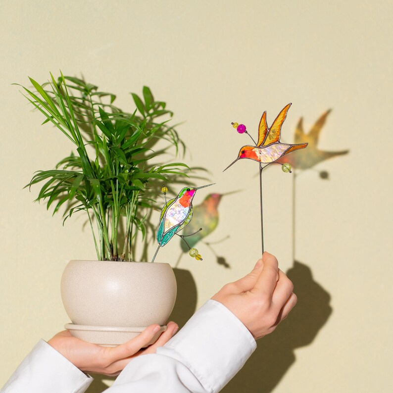 Glas Kolibri Pflanzenstecker Set – Handgefertigte Blumen-Dekoration für Zimmerpflanzen