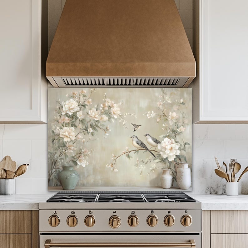 Neutrale Blumenvögel Glas Backsplash, hitzebeständige Küchenwandplatte