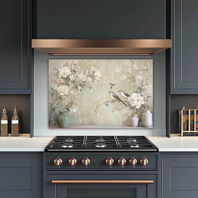 Neutrale Blumenvögel Glas Backsplash, hitzebeständige Küchenwandplatte
